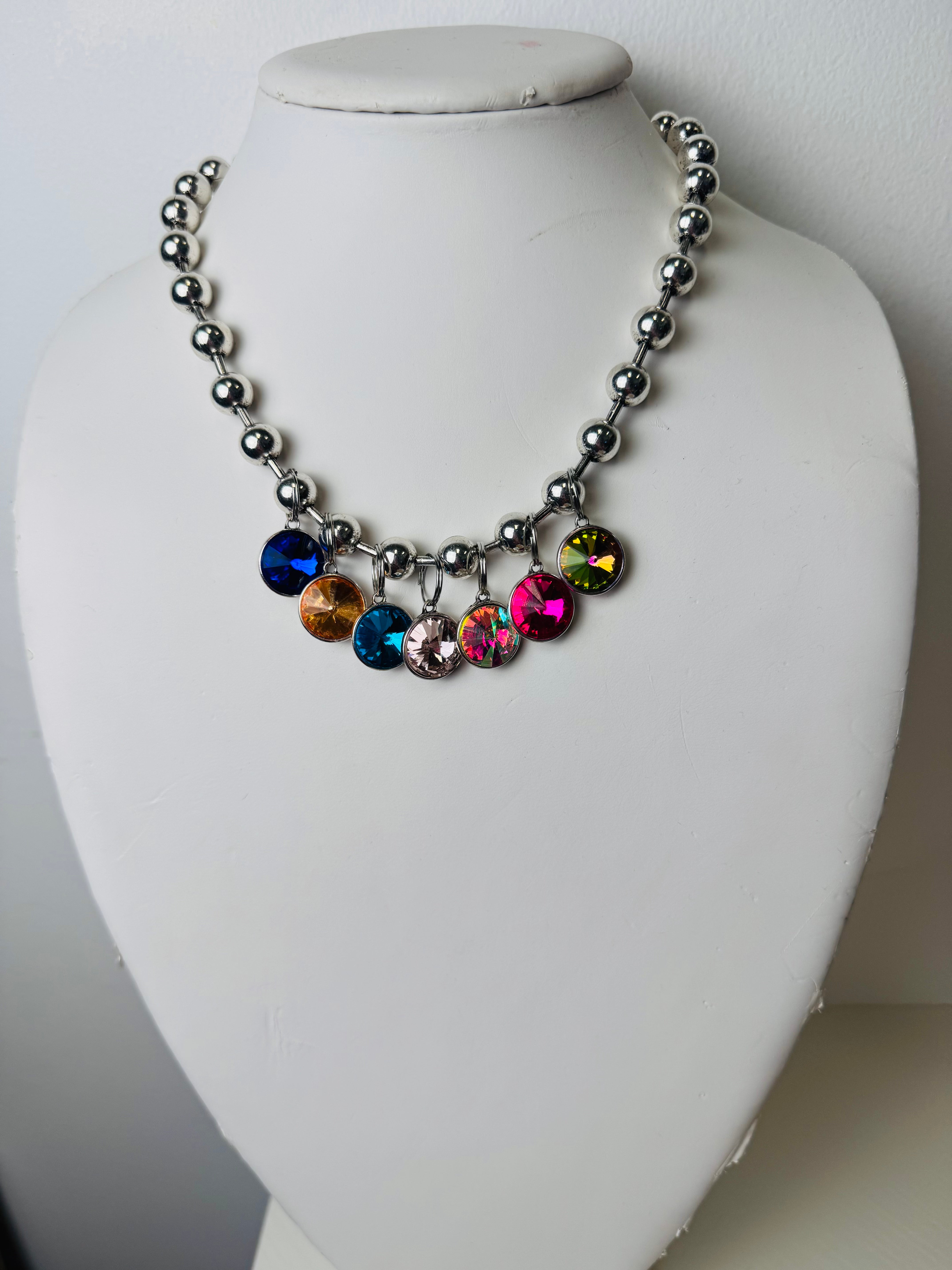 silver beaded necklace with multicolor rhinestone charms