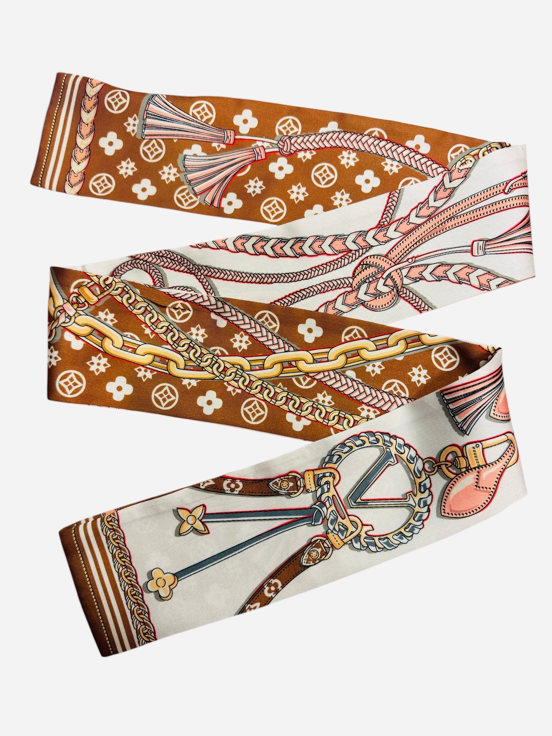 Reversible caramel and white scarf necklace with floral and rope motifs for versatile styling.