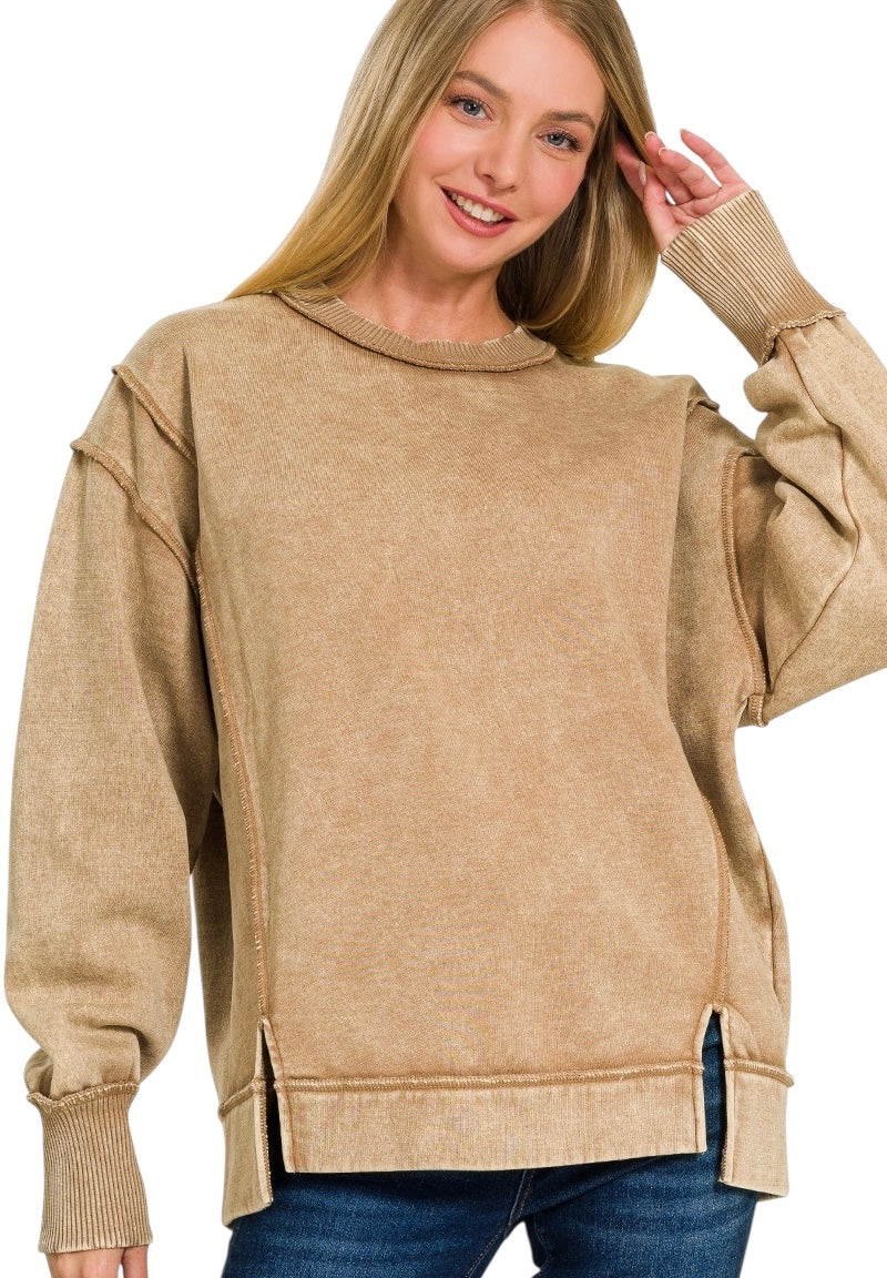 Camel colored acid washed fleece sweatshirt