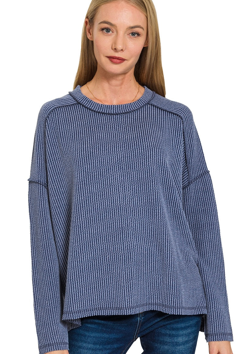 Navy Ribbed Boat Neck Top