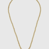 A gold ball bead chain necklace featuring three dangling charms: a glittery orange pumpkin, a black spider, and a charm that spells out the word "BOO."
