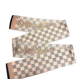 Golden Key Twilly Scarf with cream-peach and blue-cream checks and gold-tone rope motif