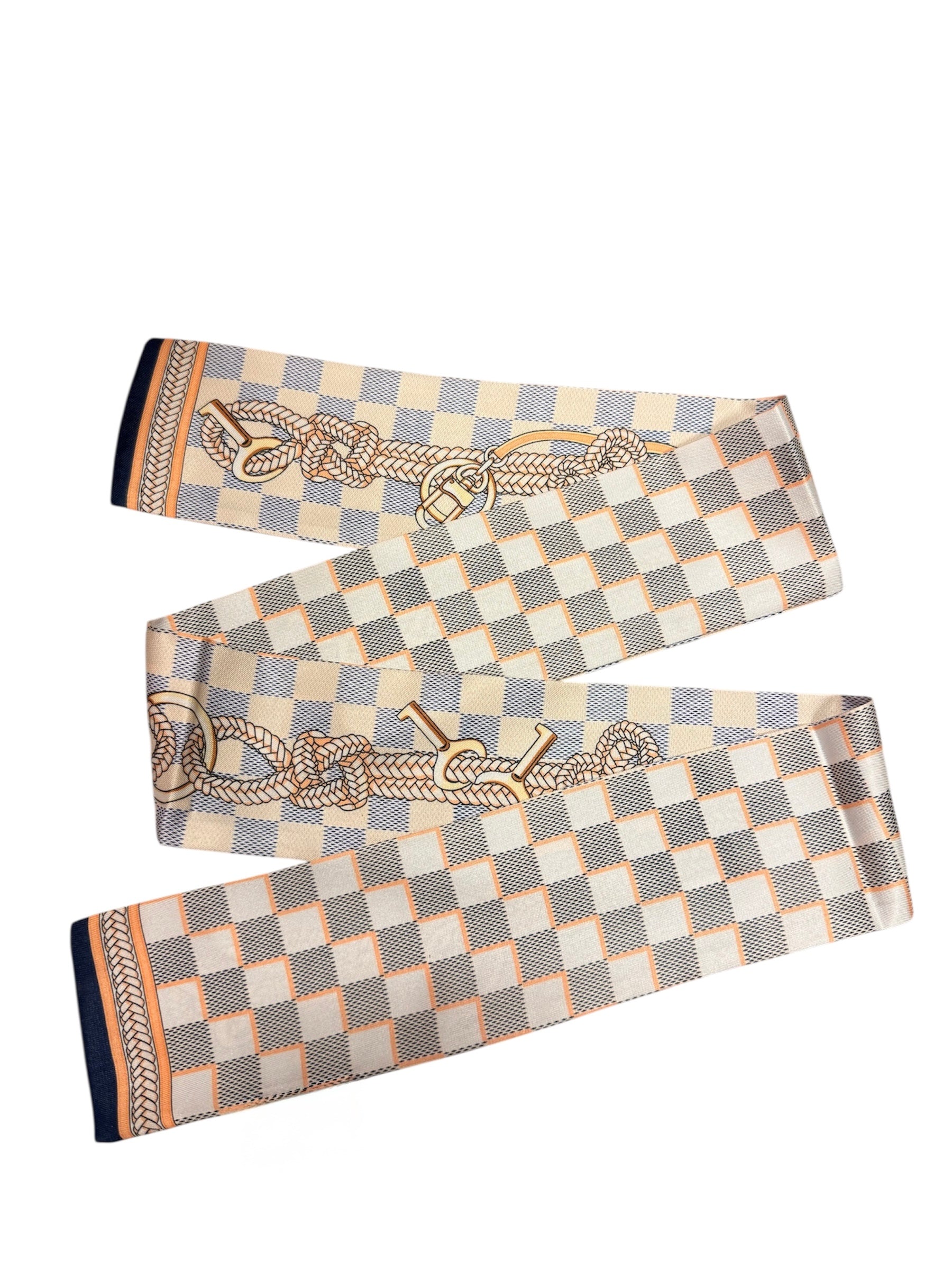 Golden Key Twilly Scarf with cream-peach and blue-cream checks and gold-tone rope motif