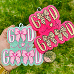 Pink God Is Good car freshie with leopard print bows and hook for hanging.
