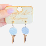 Golf earrings featuring white golf ball on wooden tee, lightweight and sporty accessory.