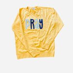 Harvest Gold Pray Sweatshirt with navy floral appliqué letters and hooded long-sleeve design.