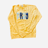 Harvest Gold Pray Sweatshirt with navy floral appliqué letters and hooded long-sleeve design.
