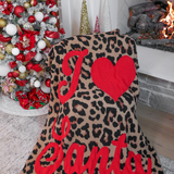 Leopard print I Love Santa blanket with bold red lettering, 50x57 inches.