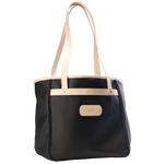 Jon Hart Amelia Tote in black coated canvas with natural leather trim, padded laptop sleeve, trolley sleeve, and spacious interior pockets