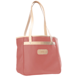 Jon Hart Amelia Tote in coral coated canvas with natural leather trim, padded laptop sleeve, trolley sleeve, and spacious interior pockets