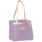 Jon Hart Amelia Tote in lilac coated canvas with natural leather trim, padded laptop sleeve, trolley sleeve, and spacious interior pockets