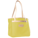 Jon Hart Amelia Tote in lemon coated canvas with natural leather trim, padded laptop sleeve, trolley sleeve, and spacious interior pockets
