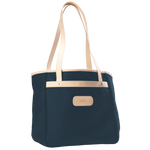 Jon Hart Amelia Tote in french blue coated canvas with natural leather trim, padded laptop sleeve, trolley sleeve, and spacious interior pockets