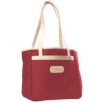 Jon Hart Amelia Tote in red coated canvas with natural leather trim, padded laptop sleeve, trolley sleeve, and spacious interior pockets
