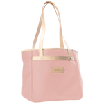 Jon Hart Amelia Tote in rose coated canvas with natural leather trim, padded laptop sleeve, trolley sleeve, and spacious interior pockets.