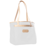 Alamo Heights Tote in white coated canvas with natural leather trim and black lining.
