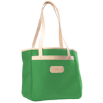 Alamo Heights Tote in kelly green coated canvas with natural leather trim and black lining.
