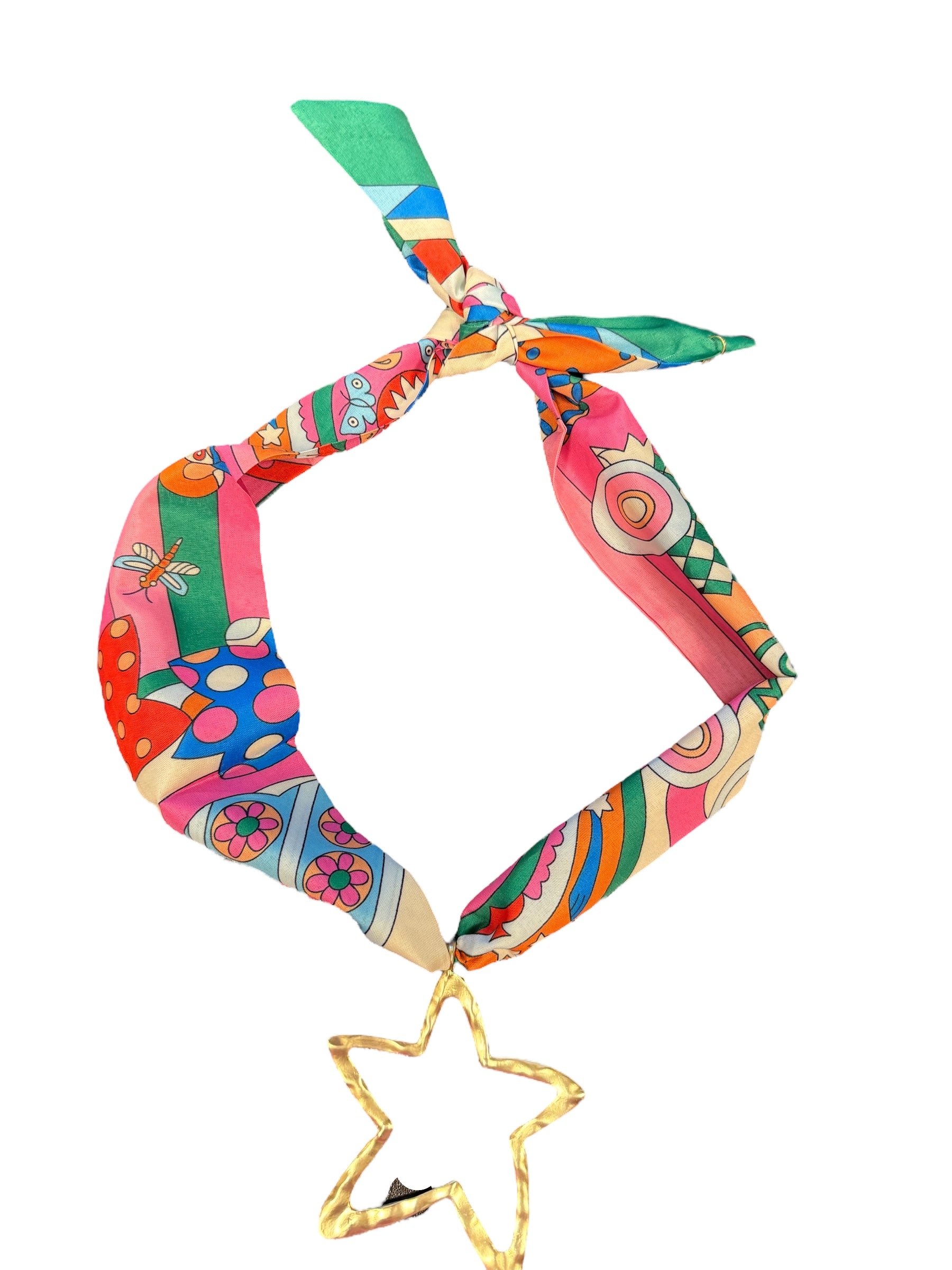 Multicolored retro-print scarf necklace featuring a hammered gold open star charm; vibrant hues of pink, teal, orange, and yellow add a playful, bold touch to any outfit.