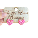 Pink Checkered Heart Studs