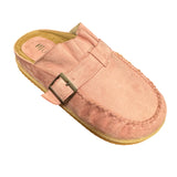 Pink slip-on shoe with a buckle and pleated ruffle