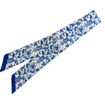 Blue and white chinoiserie print satin scarf tie