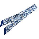 Blue and white chinoiserie print satin scarf tie