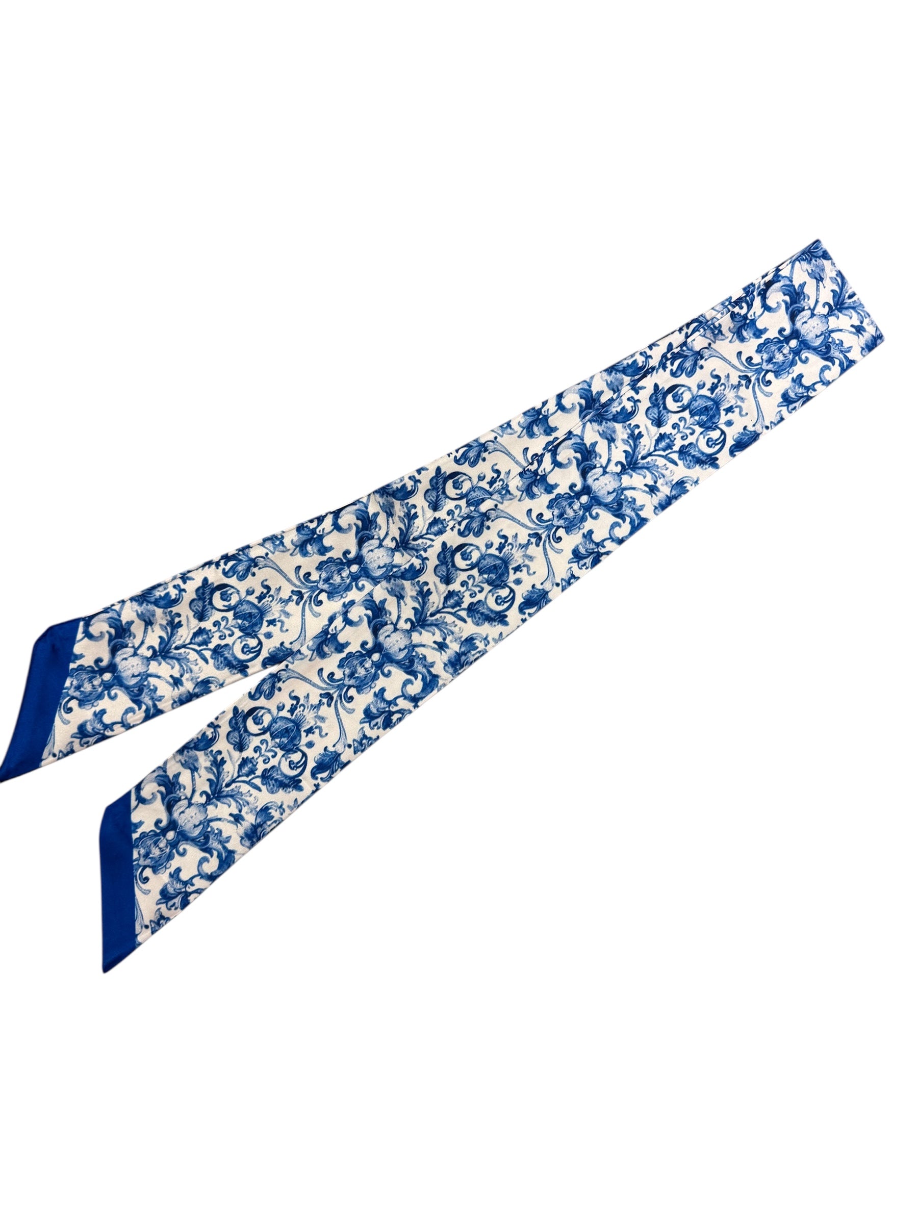 Blue and white chinoiserie print satin scarf tie