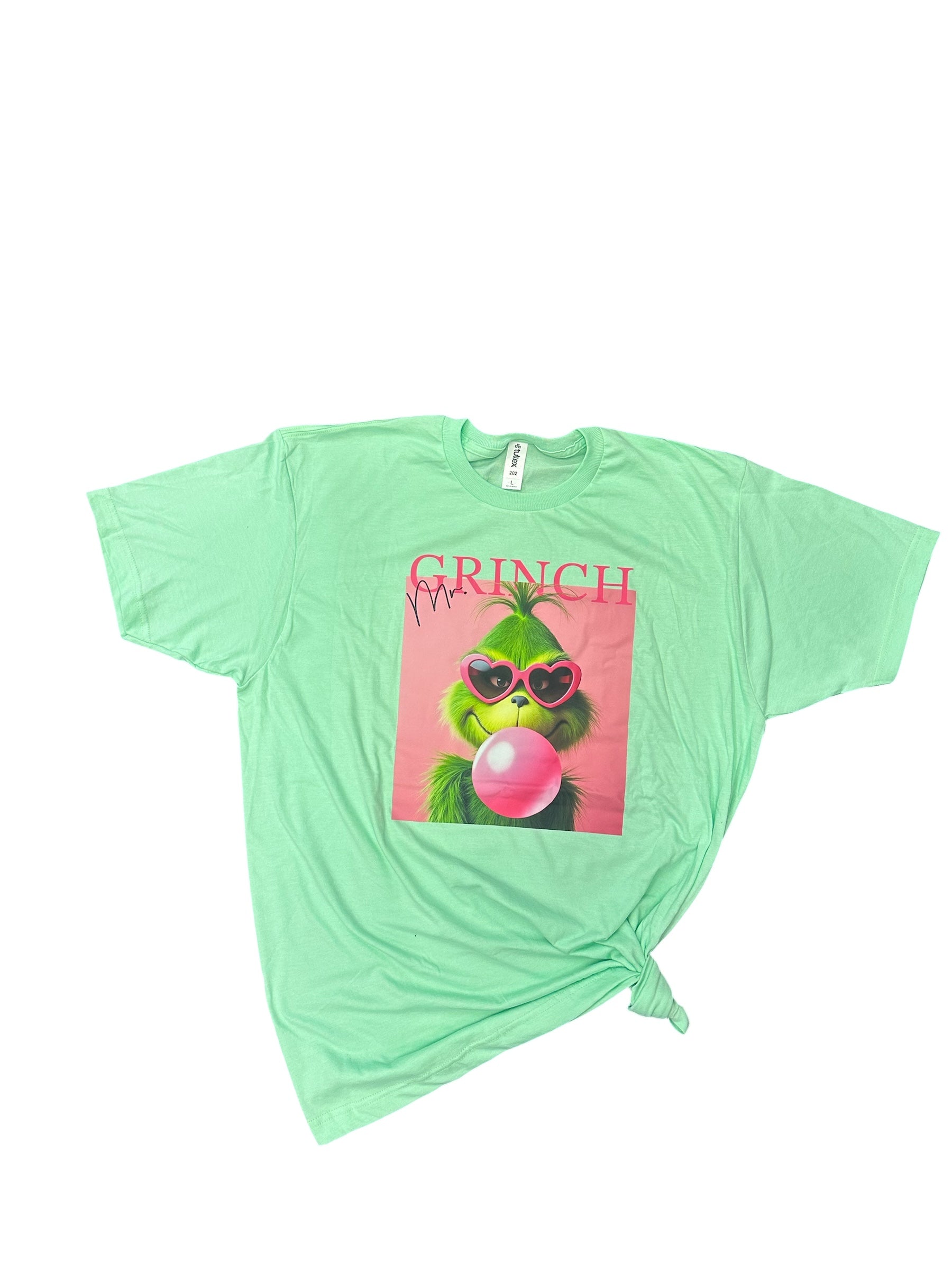 Mr. Grinch Pink Bubblegum Tee with vibrant DTF printed graphic on soft Tultex unisex shirt.