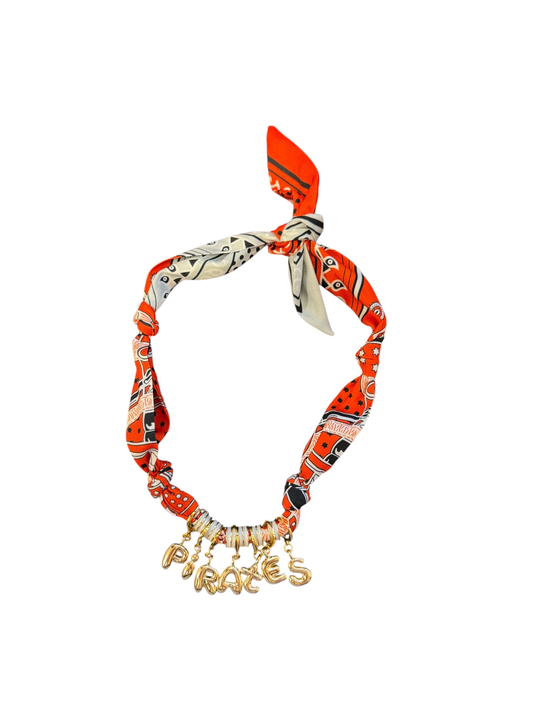 Black and orange Pirates game day scarf necklace with bold bubble letters