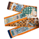 Double Sided Caramel Scarf Tie with dove and orange prints for versatile, art-inspired styling.