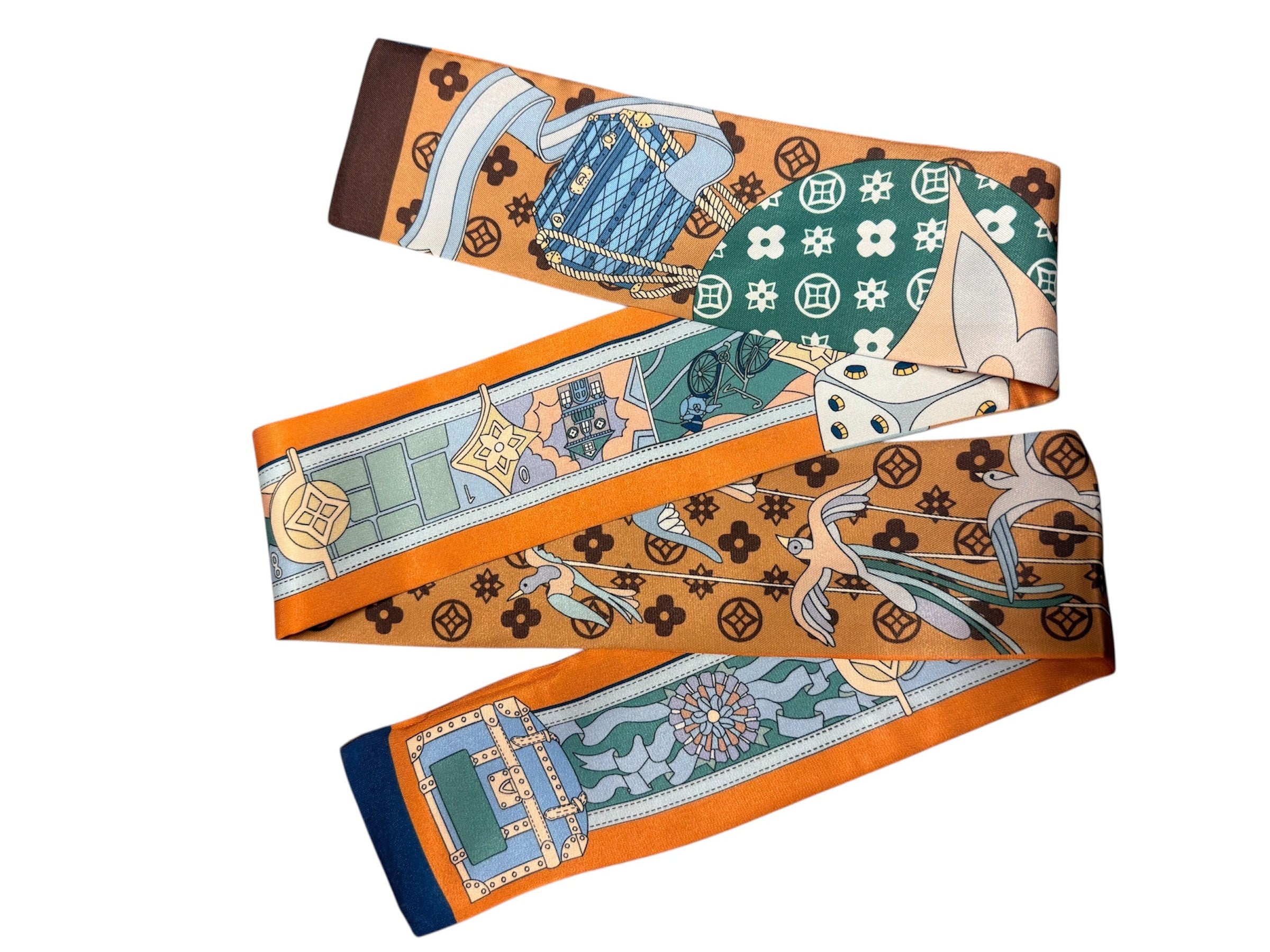 Double Sided Caramel Scarf Tie with dove and orange prints for versatile, art-inspired styling.