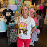 White Queen of Sparkles tee with sequin hot dog stand graphic and red frill sleeves.