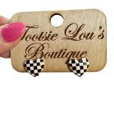Small Black & White Checkered Heart Studs