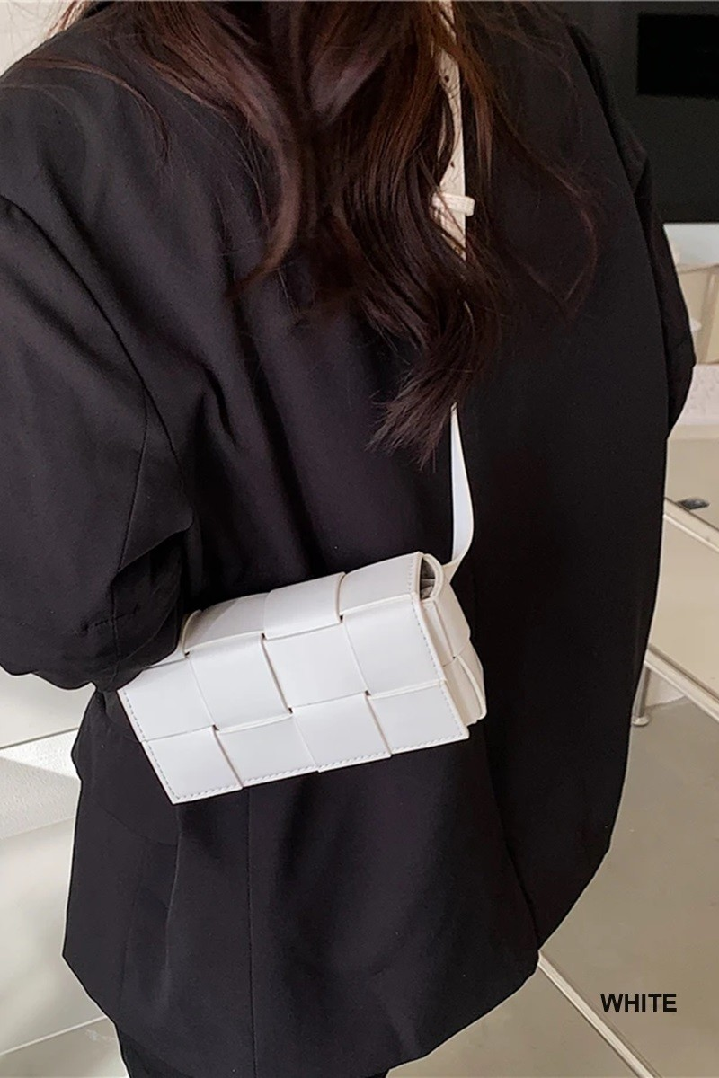White Leather Woven Crossbody Waist Bag