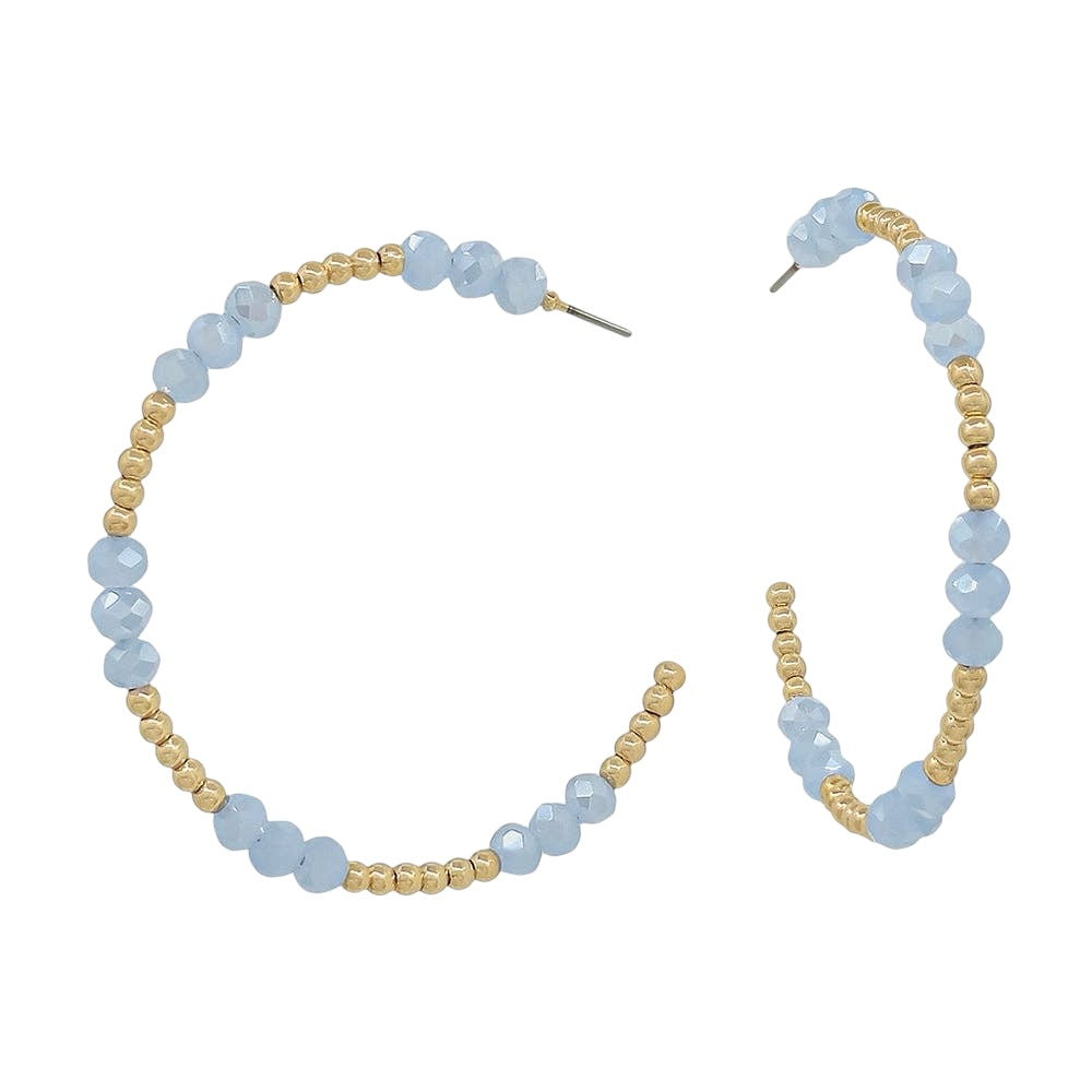 Gold Beaded & Light Blue Crystal Hoop Earrings (Water Resistant)