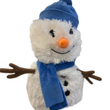 A soft, white plush snowman toy with a carrot nose, black button eyes, and a festive scarf, designed to be microwavable.