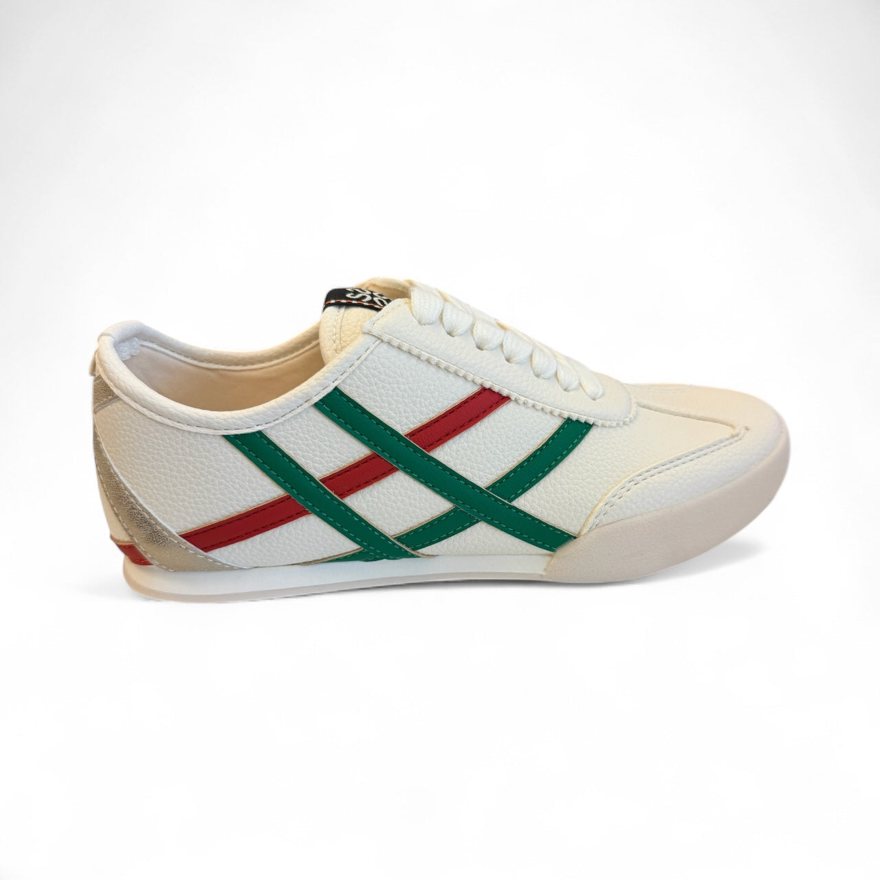 White sneaker with red and green stripes and gold heel accent