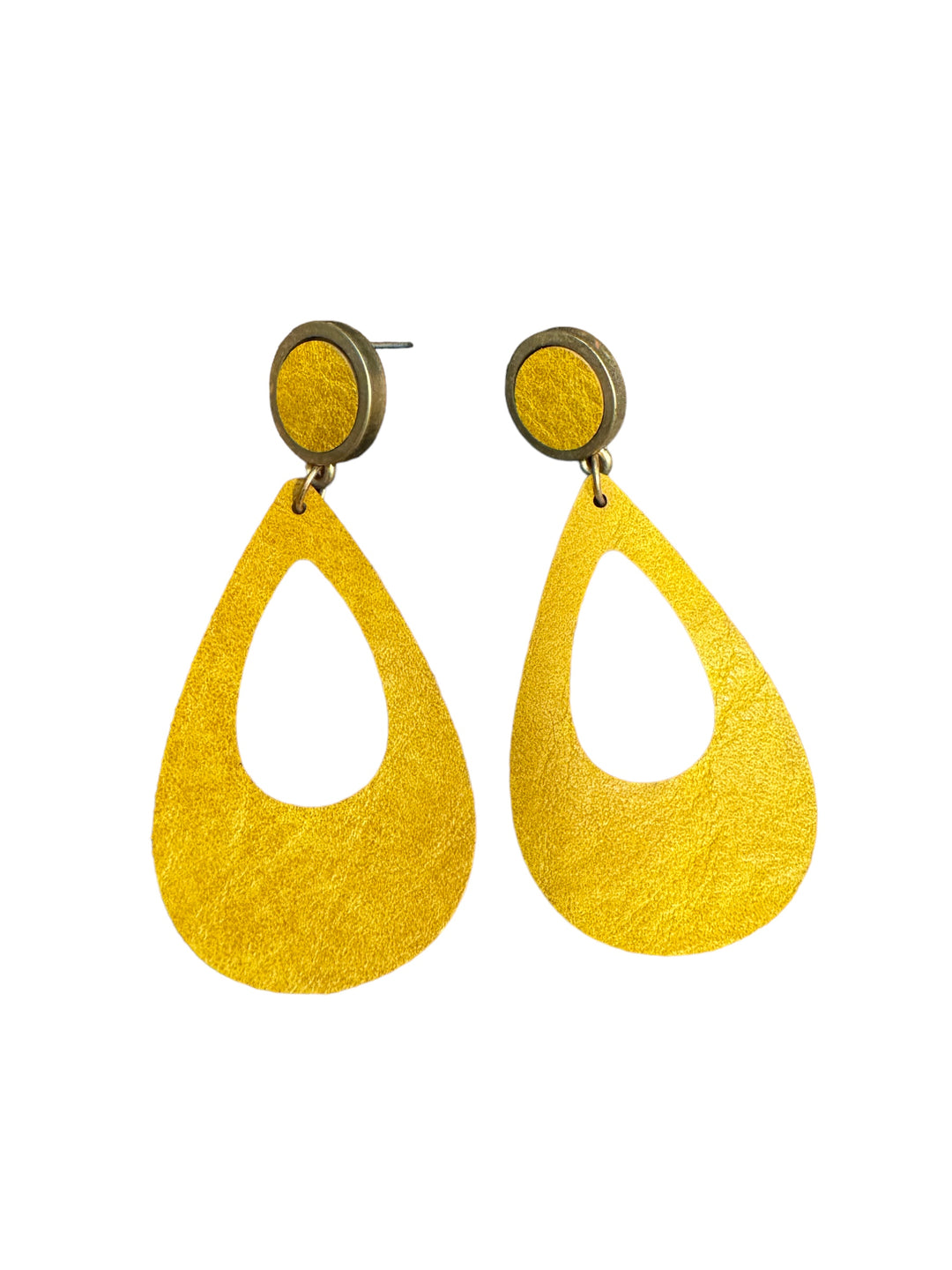 Leather Teardrop Stud Earrings - Mustard