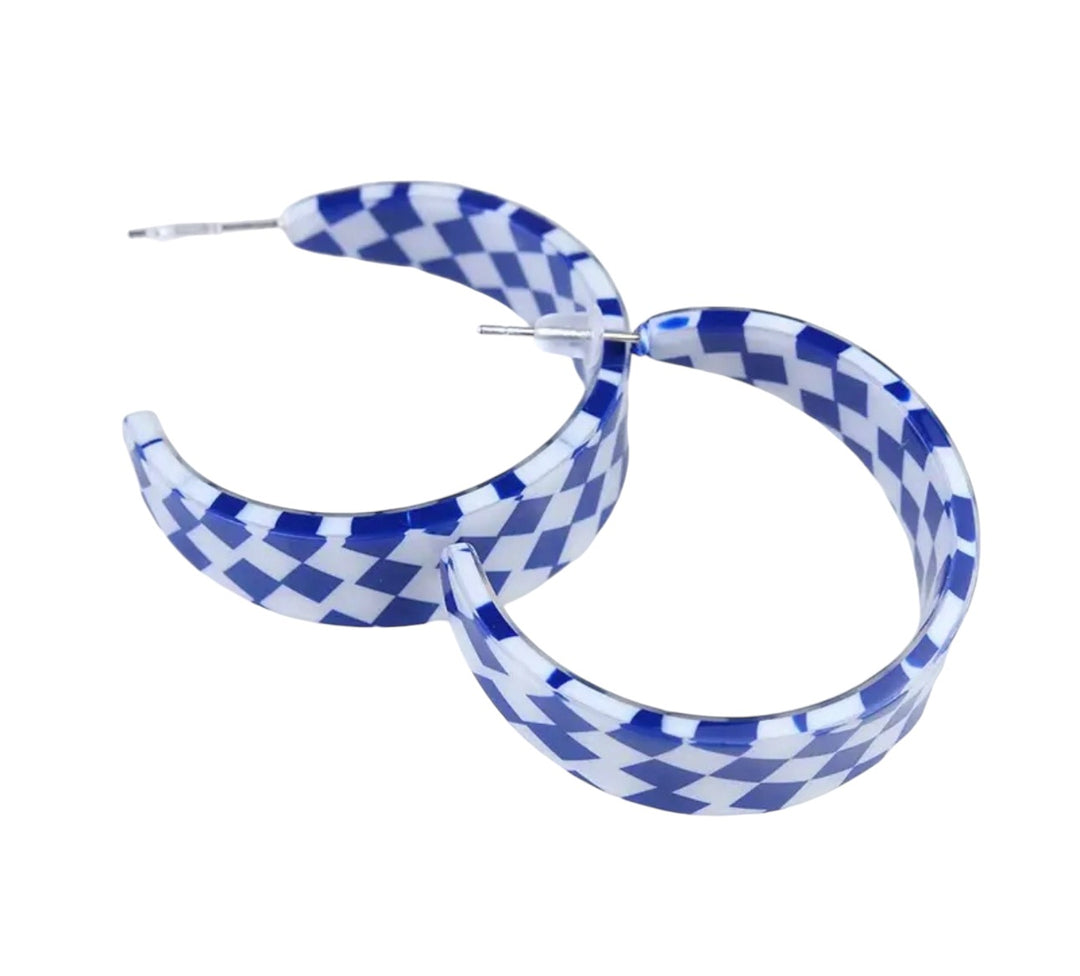 Navy Checkered Hoop Earrings