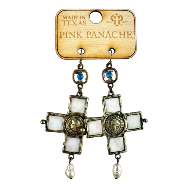 Iridescent Pearl Cross Earrings