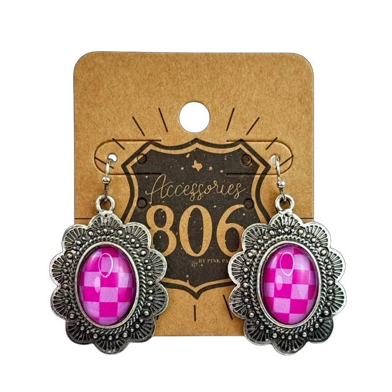 Pink Checkerboard Scalloped Earrings