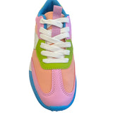 Blue multi-color trendy sneakers with a chunky lug sole, round toe, and vibrant accents of pink, lime, blue, and white, styled for a bold and playful look.