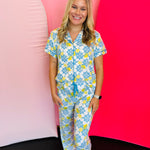 Wide-leg lounge pants in soft, stretchy fabric with elastic waistband, & drawstring tie.