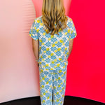 Wide-leg lounge pants in soft, stretchy fabric with elastic waistband, & drawstring tie.