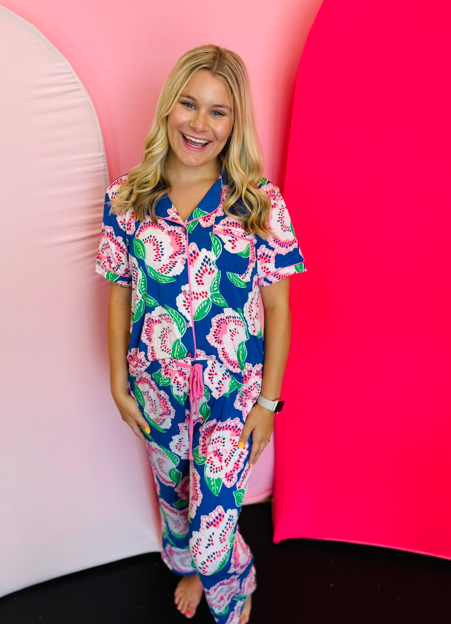 Two-piece lounge set in signature LuxBlend fabric featuring short sleeve, button-front top with contrast piping and matching elastic waist pants with drawstring.