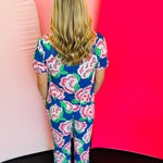 Two-piece lounge set in signature LuxBlend fabric featuring short sleeve, button-front top with contrast piping and matching elastic waist pants with drawstring.