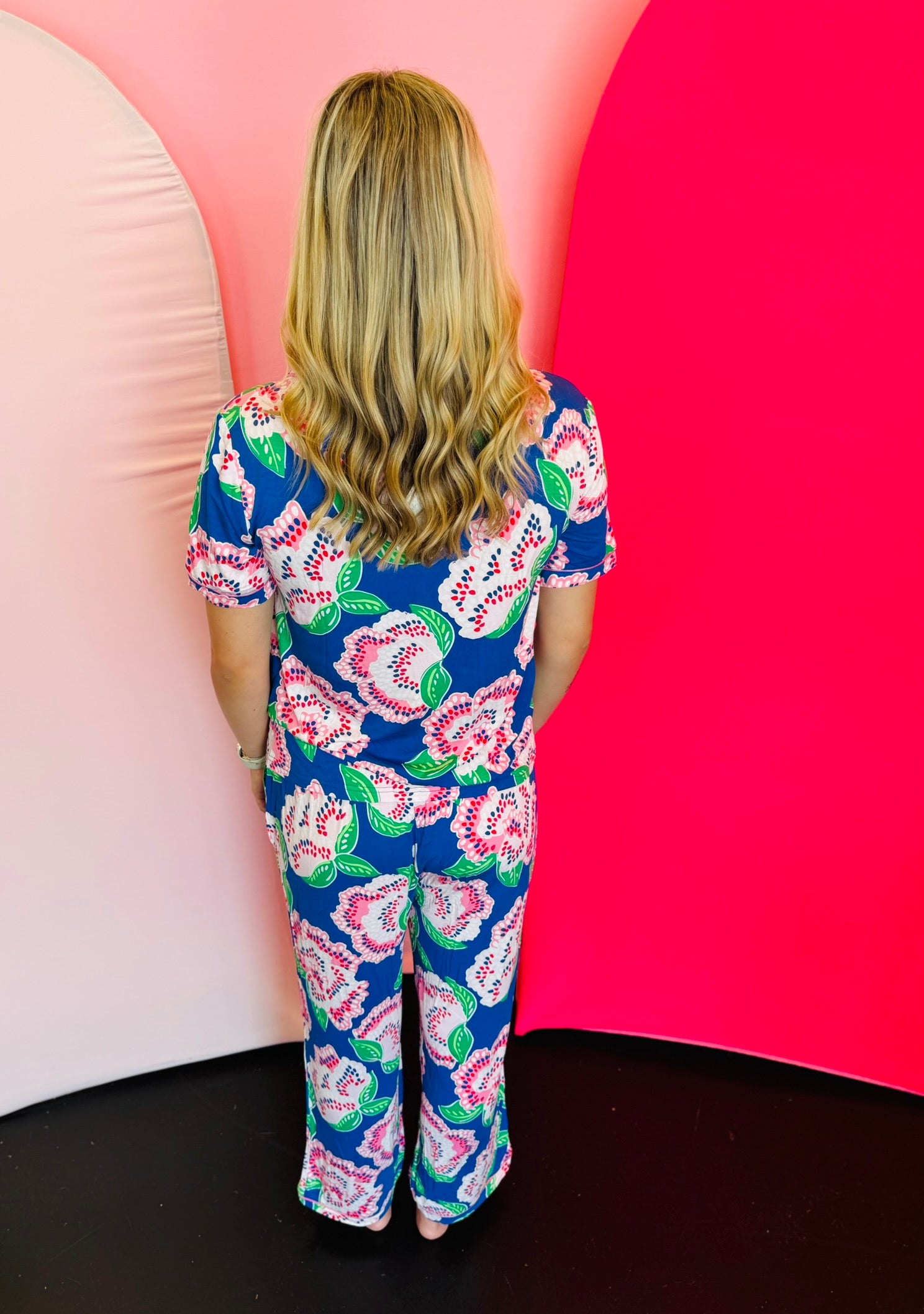 Two-piece lounge set in signature LuxBlend fabric featuring short sleeve, button-front top with contrast piping and matching elastic waist pants with drawstring.