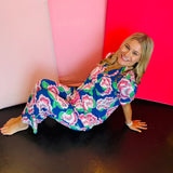 Two-piece lounge set in signature LuxBlend fabric featuring short sleeve, button-front top with contrast piping and matching elastic waist pants with drawstring.