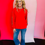 rainbow striped velvet tape trim long sleeve red sweatshirt
