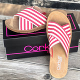 Corky Dig It Red Stripe Sandals featuring a bold red and cream striped fabric upper, cushioned platform footbed, and easy slip-on design. Lightweight and stylish, perfect for casual summer outfits.